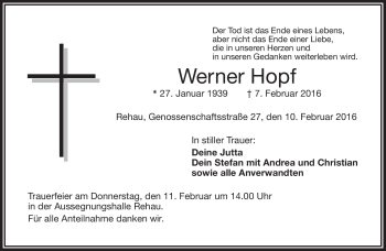 Traueranzeige von Werner Hopf von Frankenpost