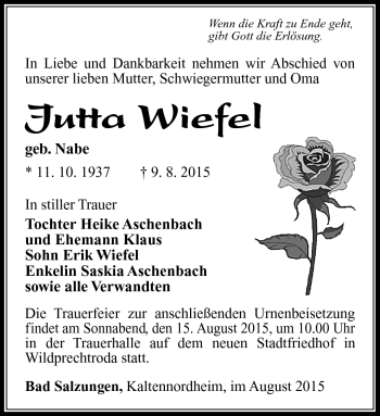 Traueranzeige von Jutta Wiefel von Südthüringer Presse