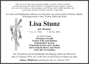 Traueranzeige von Lisa Stunz von Südthüringer Presse