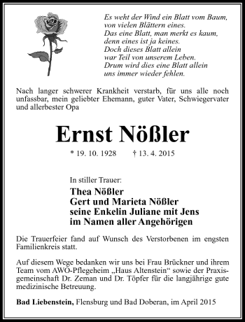 Traueranzeige von Ernst Nößler von Südthüringer Presse