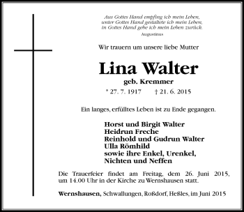 Traueranzeige von Lina Walter von Südthüringer Presse