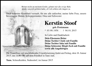 Traueranzeige von Kerstin Stoof von Südthüringer Presse
