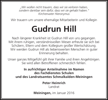 Traueranzeige von Gudrun Hill von Südthüringer Presse