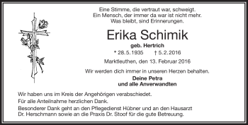 Traueranzeige von Erika Schimik von Frankenpost