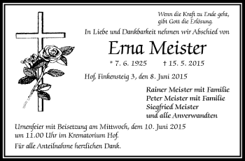 Traueranzeige von Erna Meister von Frankenpost