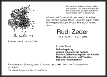 Traueranzeige von Rudi Zeder von Frankenpost