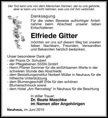 Traueranzeige von Elfriede Gitter von Südthüringer Presse