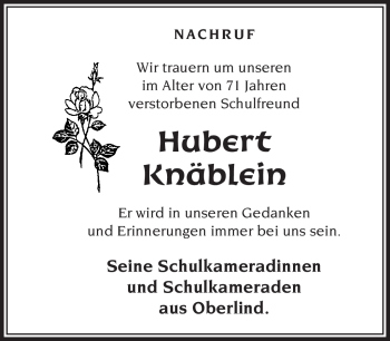 Traueranzeige von Hubert Knäblein von Südthüringer Presse