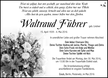 Traueranzeige von Waltraud Führer von Südthüringer Presse
