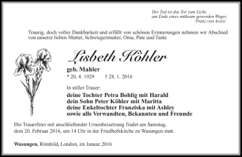 Traueranzeige von Lisbeth Köhler von Südthüringer Presse