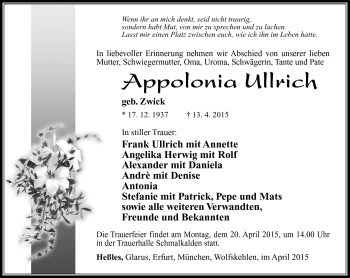 Traueranzeige von Appolonia Ullrich von Südthüringer Presse