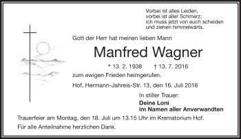 Traueranzeige von Manfred Wagner von Frankenpost