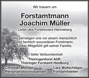 Traueranzeige von Joachim Müller von Südthüringer Presse