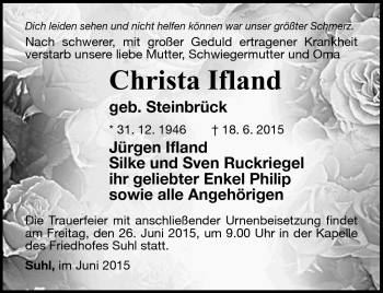 Traueranzeige von Christa Ifland von Südthüringer Presse