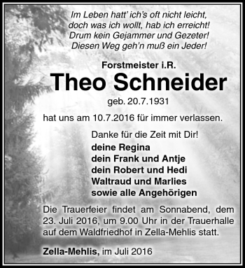 Traueranzeige von Theo Schneider von Südthüringer Presse