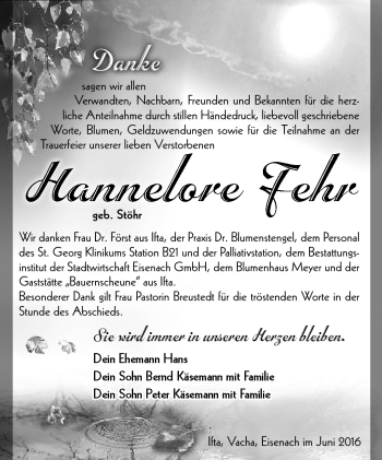 Traueranzeige von Hannelore Fehr von Südthüringer Presse