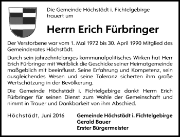 Traueranzeige von Erich Fürbringer von Frankenpost