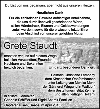 Traueranzeige von Grete Staudt von Südthüringer Presse