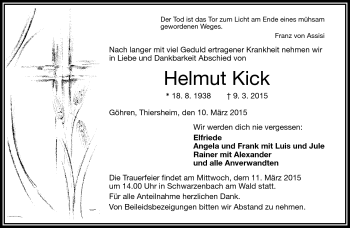 Traueranzeige von Helmut Kick von Frankenpost