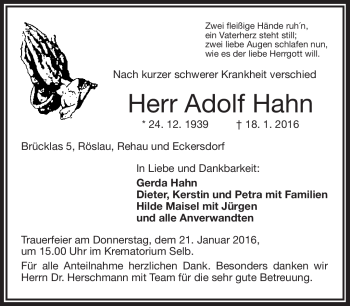 Traueranzeige von Adolf Hahn von Frankenpost