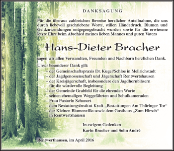 Traueranzeige von Hans-Dieter Bracher von Südthüringer Presse