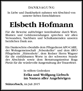 Traueranzeige von Elsbeth Hofmann von Südthüringer Presse