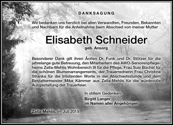 Traueranzeige von Elisabeth Schneider von Südthüringer Presse