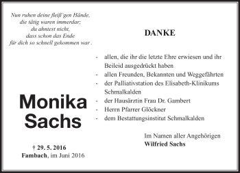 Traueranzeige von Monika Sachs von Südthüringer Presse