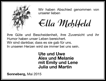 Traueranzeige von Ella Mehlfeld von Südthüringer Presse