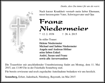 Traueranzeige von Franz Niedermeier von Südthüringer Presse