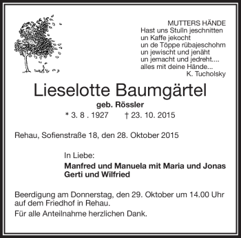 Traueranzeige von Lieselotte Baumgärtel von Frankenpost