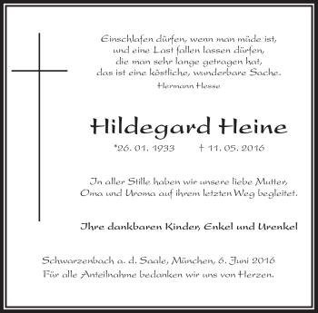 Traueranzeige von Hildegard Heine von Frankenpost