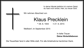 Traueranzeige von Klaus Precklein von Frankenpost