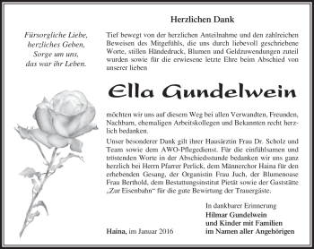 Traueranzeige von Ella Gundelwein von Südthüringer Presse