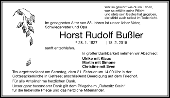 Traueranzeige von Horst Rudolf Bußler von Frankenpost