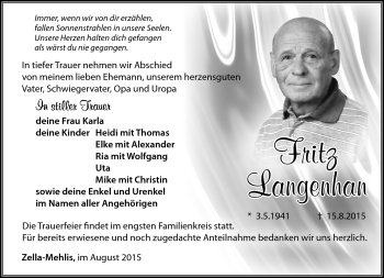 Traueranzeige von Fritz Langenhahn von Südthüringer Presse