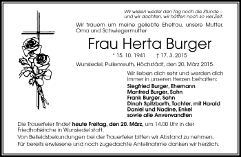 Traueranzeige von Herta Burger von Frankenpost