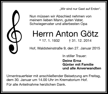 Traueranzeige von Anton Götz von Frankenpost