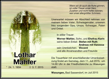 Traueranzeige von Lothar Mahler von Südthüringer Presse