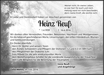 Traueranzeige von Heinz Reuß von Südthüringer Presse