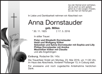 Traueranzeige von Anna Dornstauder von Neue Presse Coburg