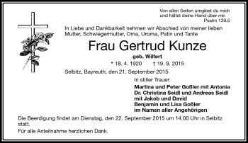 Traueranzeige von Gertrud Kunze von Frankenpost