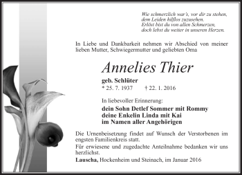 Traueranzeige von Annelies Thier von Südthüringer Presse