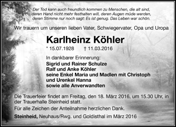 Traueranzeige von Karlheinz Köhler von Südthüringer Presse