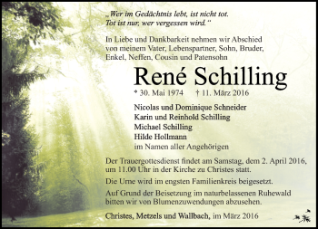 Traueranzeige von Rene Schilling von Südthüringer Presse