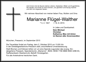 Traueranzeige von Marianne Flügel-Walther von Frankenpost