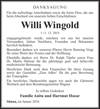 Traueranzeige von Willi Wingold von Südthüringer Presse