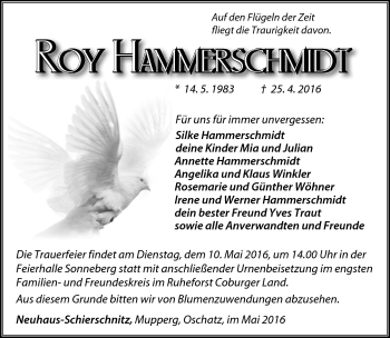 Traueranzeige von Roy Hammerschmidt von Südthüringer Presse