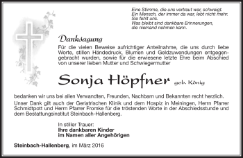 Traueranzeige von Höpfner Sonja von Südthüringer Presse