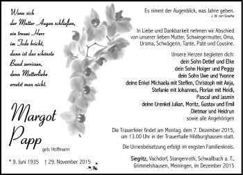 Traueranzeige von Margot Papp von Südthüringer Presse